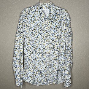 Frank & Eileen White Button-Down Cotton Shirt with Yellow-Blue Floral Print Sz L